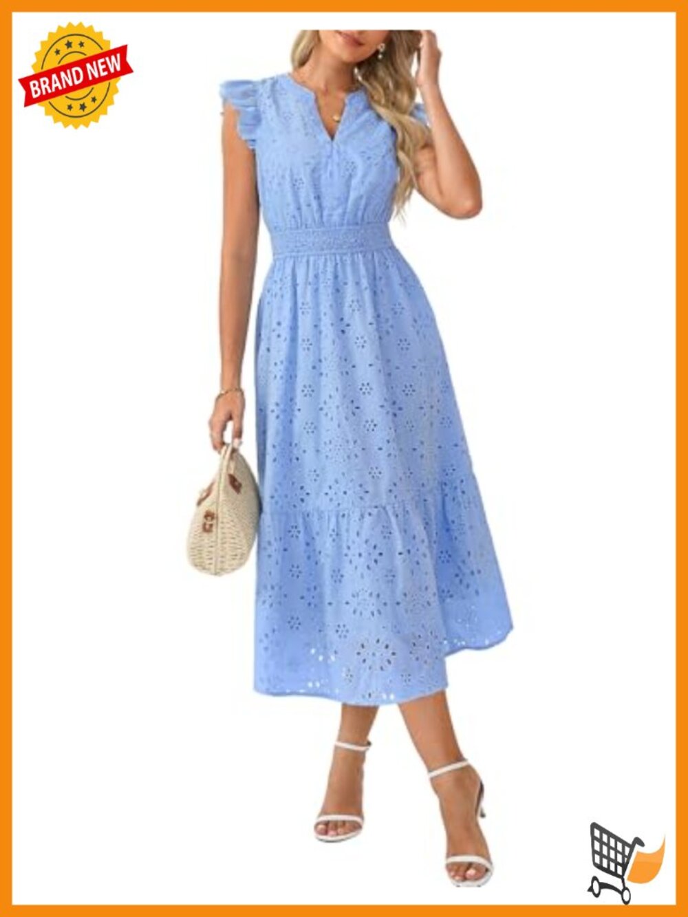 Eyelet Maxi Dress Smocked A-Line Flutter Sleeve Summer Beach